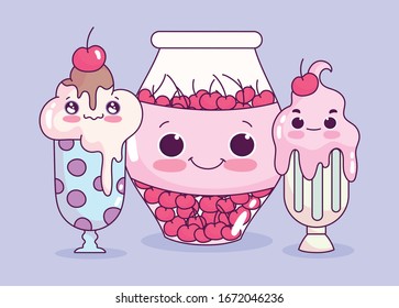cute food ice cream cups and jar with cherries sweet dessert pastry cartoon vector illustration