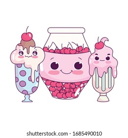 cute food ice cream cups and jar with cherries sweet dessert pastry cartoon vector illustration isolated design