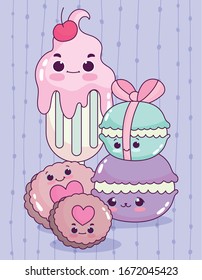 cute food ice cream macarons and cookies sweet dessert pastry cartoon vector illustration