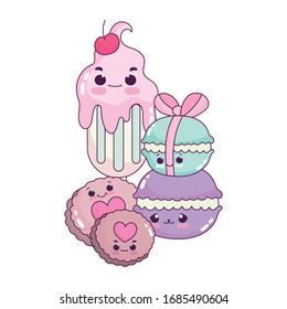 cute food ice cream macaroons and cookies sweet dessert pastry cartoon vector illustration isolated design