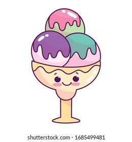 Cute Food Ice Cream Scoops In Cup Sweet Dessert Kawaii Cartoon Vector Illustration Isolated Design