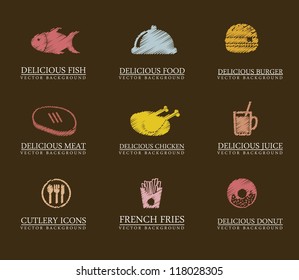 cute food icons over brown background. vector illustration