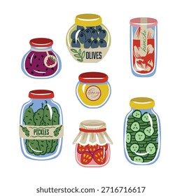 Nettes Essglas, isoliertes Vektormuster mit Gurken, Oliven, Honigmarmelade, Konserven.