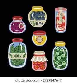 Cute food jar isolado padrão vetorial com conservas de geleia de mel de azeitonas de picles.
