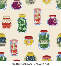 Cute food jar seamless vector pattern with pickles olives honey jam preserves.
