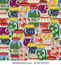Cute food jar seamless vector pattern with pickles olives honey jam preserves.