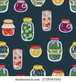 Cute food jar padrão vetorial sem costura com conservas de geleia de mel de azeitonas de picles.