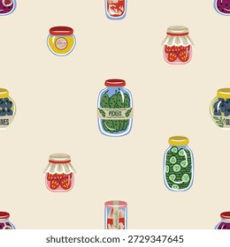 Cute food jar padrão vetorial sem costura com conservas de geleia de mel de azeitonas de picles.