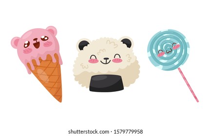 Cute Food in Kawaii Style Set, Delicious Dishes with Smiling Faces Vector Illustration