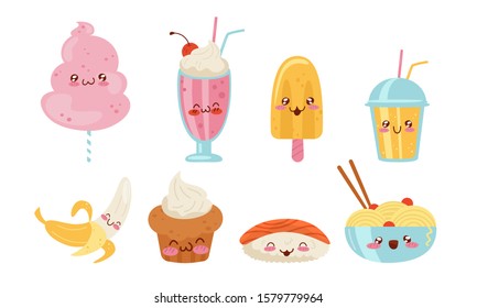 Cute Food in Kawaii Style Set, Delicious Dishes with Smiling Faces, Milkshake, Popsicle, Noodles, Cotton Candy, Muffin, Juice Vector Illustration