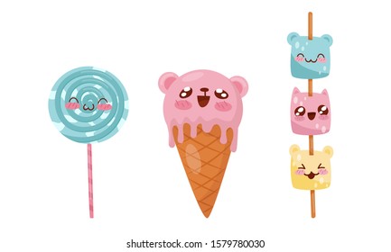 Cute Food in Kawaii Style Set, Delicious Desserts with Smiling Faces Vector Illustration