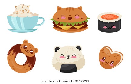 Cute Food in Kawaii Style Set, Delicious Desserts and Dishes with Smiling Faces Vector Illustration