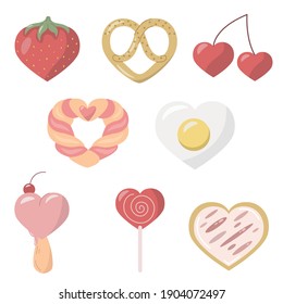 Cute food look like heart set. Heart shaped food for Valentine's day isolated on white background. Vector flat illustration.