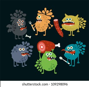 Cute food monsters. Vector illustration of microbes.