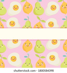 cute food pattern design, banner fried eggs pear and orange cartoon vector illustration