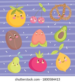 cute food pattern design, cartoon orange peach avocado pear tomato decoration vector illustration