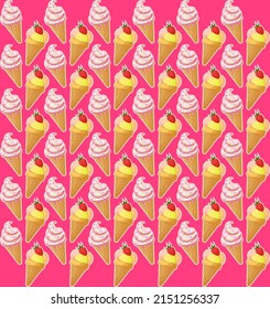 Cute food pattern with waffle cones with strawberry ice cream scoops and frozen yogurt