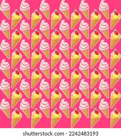 Cute food pattern with waffle cones with strawberry ice cream scoops and frozen yogurt vector