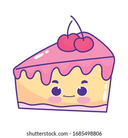 cute food piece cake with fruit sweet dessert kawaii cartoon vector illustration isolated design