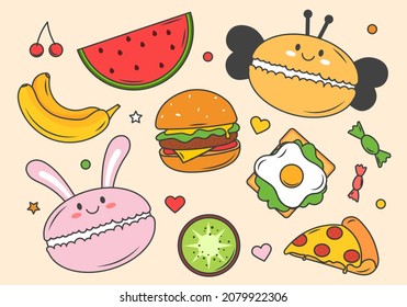 Un buen conjunto de platos. Colección de productos dañinos pero sabrosos. Hamburguesa, pizza, sándwich, sandwich, sandía, kiwi. Pegatinas para niños. Ilustraciones del vector plano de dibujos animados aisladas en fondo beige
