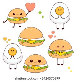 Cute food set. Funny collection of burgers with egg. For posters, postcards, scrapbooking, stickers