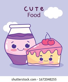 cute food slice cake and jar with jam sweet dessert pastry cartoon vector illustration