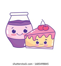 cute food slice cake and jar with jam sweet dessert pastry cartoon vector illustration isolated design