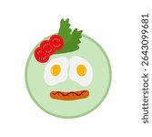 Cute Food Smiley Fried Eggs Sausage Tomato slices and Green Leaves Breakfast Motivation Design idea