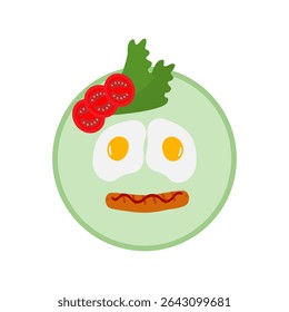 Cute Food Smiley Fried Eggs Sausage Tomato slices and Green Leaves Breakfast Motivation Design idea