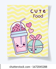 cute food smoothie and wrapped macaroon sweet dessert pastry cartoon vector illustration