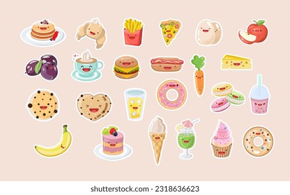 Cute food Sticker set.  Food Kawaii sticker set in cartoon style. Drinks, fast food, fruit, vegetables, desserts. 