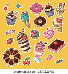 Cute Food Stickers, Dessert Vector, Kawaii Sweets, Donut, Cupcake, Ice Cream, Candy, Sticker Sheet, Clipart, Illustration bundle