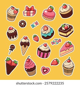 Cute Food Stickers, Dessert Vector, Kawaii Sweets, Donut, Cupcake, Ice Cream, Candy, Sticker Sheet, Clipart, Illustration bundle