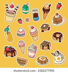 Cute Food Stickers Dessert Vector Kawaii Sweets Donut Cupcake Ice Cream Candy Sticker Sheet Clipart Illustration