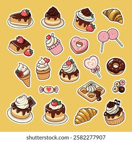 Cute Food Stickers Dessert Vector Kawaii Sweets Donut Cupcake Ice Cream Candy Sticker Sheet Clipart Illustration