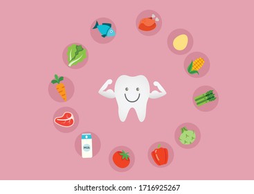 Cute food for stronger and whiter teeth cartoon characters illustration for dental poster, banner, flyer. strong tooth vector. Fruit and vegetable vector.