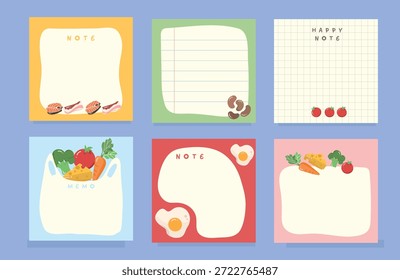 Notas de memorando temático de comida bonito e cartões de planejador com ilustrações de alimentos bonitos, incluindo frutas e legumes Perfeito para planejadores digitais, revistas, álbuns e projetos criativos.