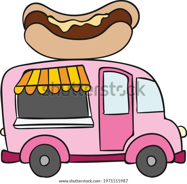 Cute food truck\
with hot dog. Coloring page and colorful clipart character. Cartoon\
design for t shirt print, icon, logo, label, patch or sticker.\
Vector illustration.