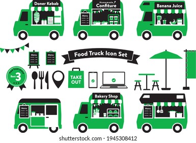 Cute food truck illustration set. “Black and Green”