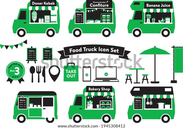 Cute food
truck illustration set. “Black and
Green”