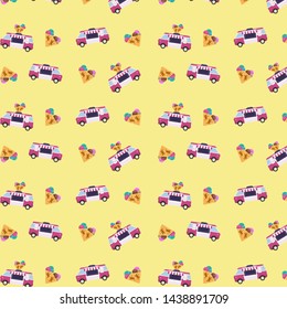 Cute food truck pattern. Cartoon vector background of the food truck with ice cream.
