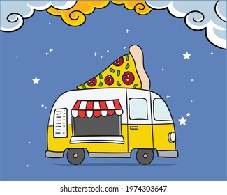 Cute food truck with pizza. Coloring page and colorful clipart character. Cartoon design for t shirt print, icon, logo, label, patch or sticker. Vector illustration.