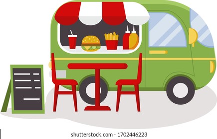 Cute food truck, Street Cafe with burger, French fries, drink, sauces, table, chairs, signboard. Vector illustration in flat, cartoon style.