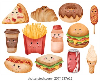 Cute Food Watercolor Illustration Set with Smiley Faces - Pizza, Fries, Burger, Hotdog, Ice Cream, Donut, Coffee, and Soda - Perfect for Fun Food-Themed Designs, Kids’ Projects, and Creative Artwork