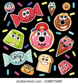 Cute foods sticker seamless pattern illustration