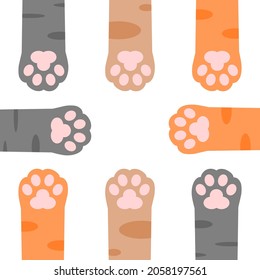 Cute foot paws up cat pet leg stretch on brown background flat vector icon seamless pattern design.