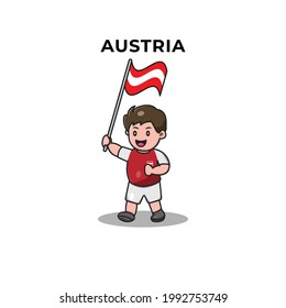 Cute Football Player Holding Austria Flag. Cartoon Vector Icon Illustration. Sport and People Icon Concept Isolated Premium Vector. Flat Cartoon Style