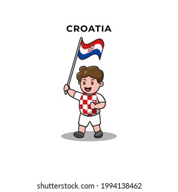 Cute Football Player Holding Croatia Flag. Cartoon Vector Icon Illustration. Sport and People Icon Concept Isolated Premium Vector. Flat Cartoon Style