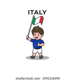 Cute Football Player Holding Italian Flag. Cartoon Vector Icon Illustration. Sport and People Icon Concept Isolated Premium Vector. Flat Cartoon Style