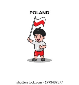 Cute Football Player Holding Poland Flag. Cartoon Vector Icon Illustration. Sport and People Icon Concept Isolated Premium Vector. Flat Cartoon Style